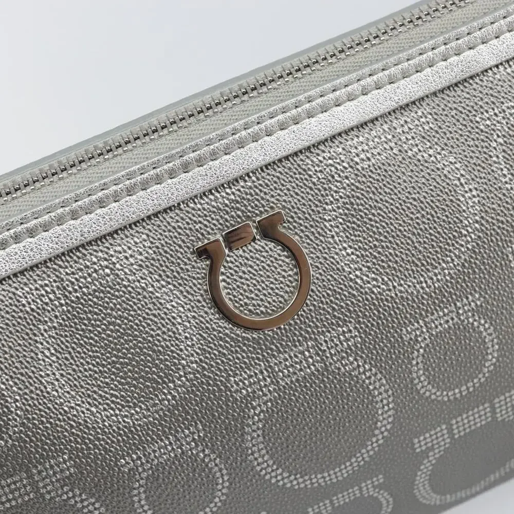 Salvatore Ferragamo Leather Coated Canvas Hand Pouch Silver